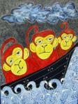 <b>Three Monkeys in a Boat</b>, 2011<br>Acrylic on scratchboard, 24x18 inches<br>$700