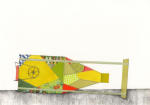 <b>Tipsy</b><br>Acrylic, paper, fabric, thread and pencil on paper, 7x10, 13x16 inches framed<br>$575