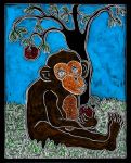 <b>Monkey in the Garden by Linda Sheets</b>, 2009<br>Scratchboard, 10x8 inches<br>$250