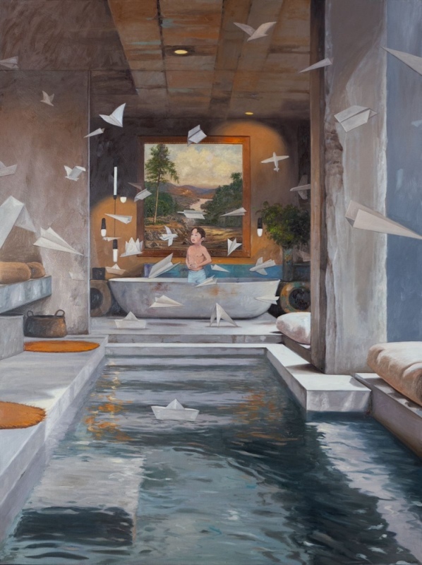 Boy in the Bathroom with Paper Airplanes