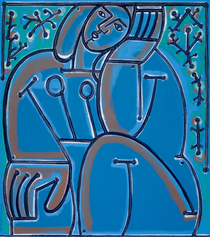 Woman sits with hand on knee