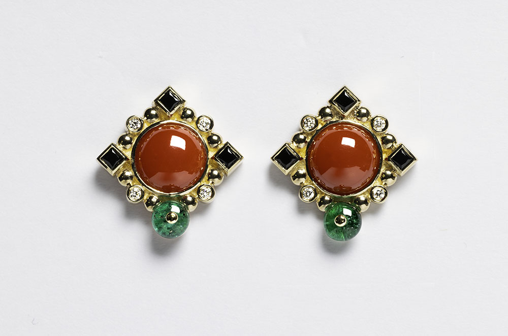 One pair 14kt yellow gold earrings, coral, black spinel, diamonds, emerald bead
