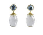 One pair 14kt yellow gold earrings, topaz, diamonds, faceted rock crystal drops