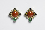 One pair 14kt yellow gold earrings, coral, black spinel, diamonds, emerald bead