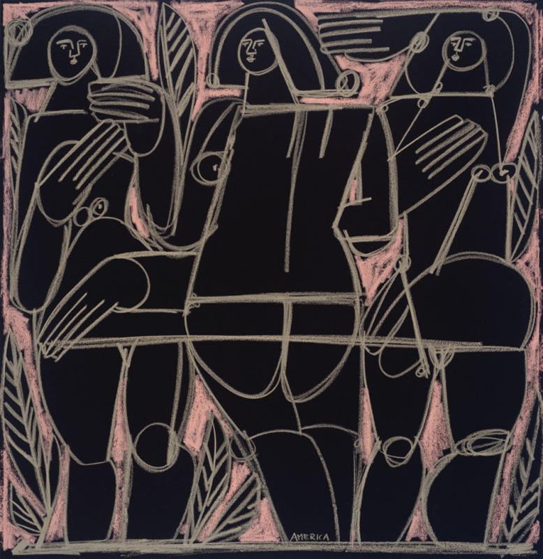 Woman stand with palm leaves